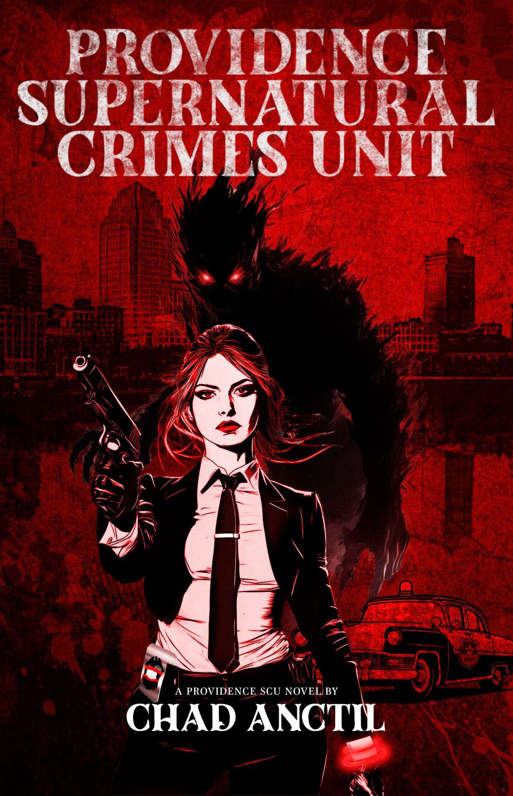 Providence Supernatural Crimes Unit Book Cover, an illustration of a female police detective in a suit with a shadowy figure behind her, in front of a cityscape.